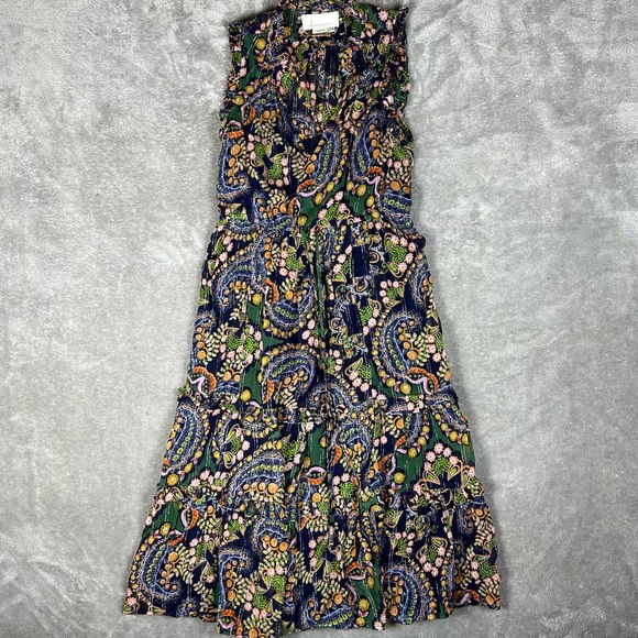 Anthropologie Dress Womens 00P Elmira Ruffle Shimmer Boho Paisley Colorful Midi - Picture 5 of 8